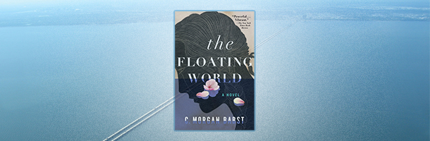 Photo of the Causeway bridge with a superimposed image of The Floating World's cover on top