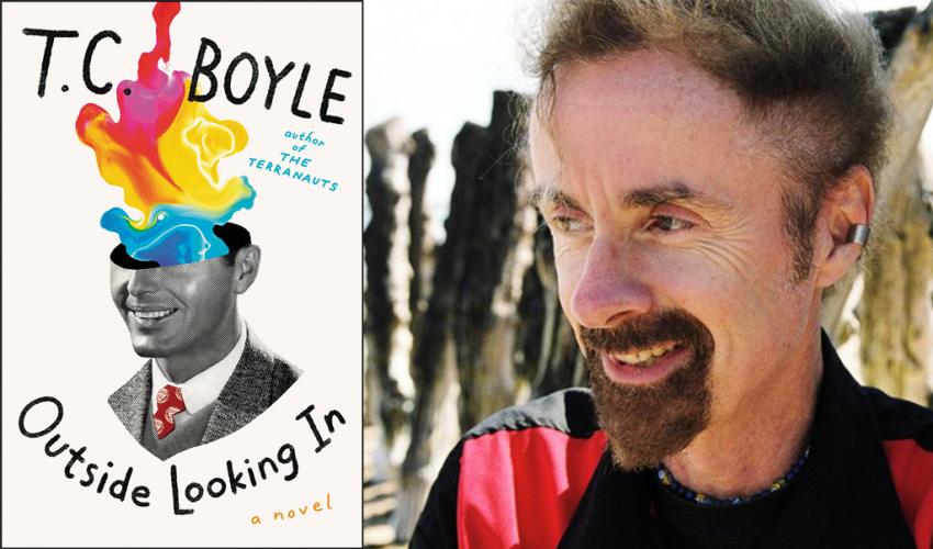 A side-by-side image of author, T.C. Boyle, and the cover of his book, Outside Looking In