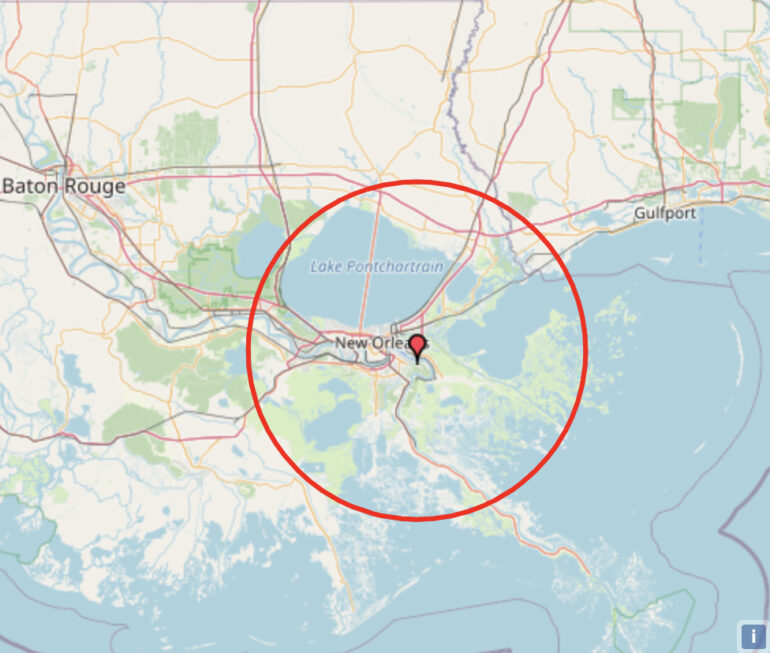 A map highlighting the coverage area of WRBH’s signal, shown as a red circle centered over New Orleans. The circle extends across Lake Pontchartrain and includes parts of southeastern Louisiana, reaching Baton Rouge to the west and Gulfport, Mississippi to the east.