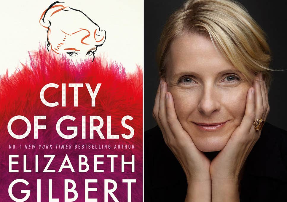 An image of author, Elizabeth Gilbert, side-by-side with the cover of her book, City of Girls.