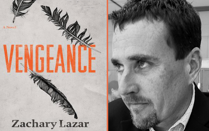 A side-by-side image of author, Zachary Lazar with the cover of his novel, Vengeance.