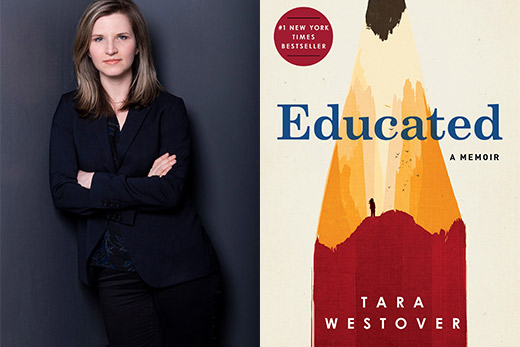 Tara Westover side-by-side with an image of her book, Educated: A Memoir