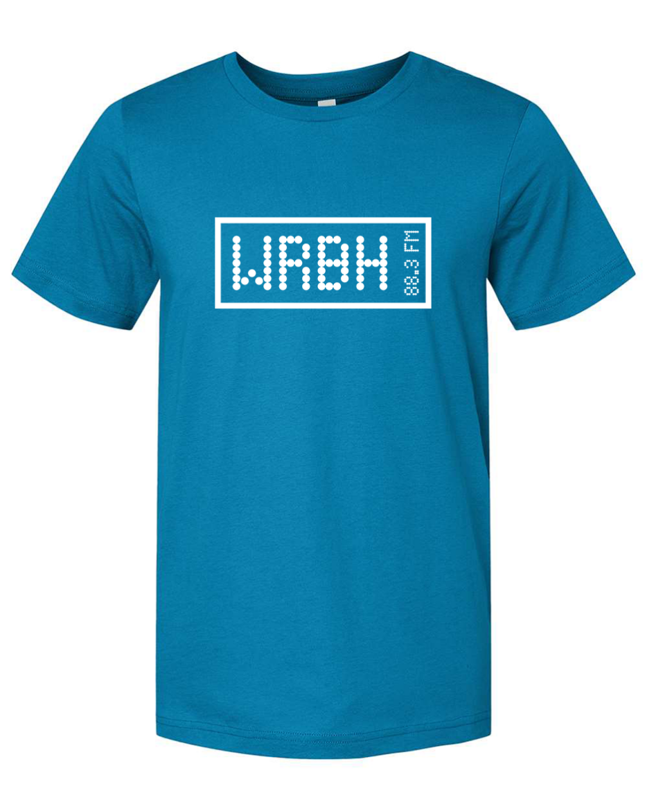 A bright blue T-shirt featuring a white WRBH 88.3 FM logo. The logo is designed in a dotted pixel style, framed in a white rectangle, centered on the chest.